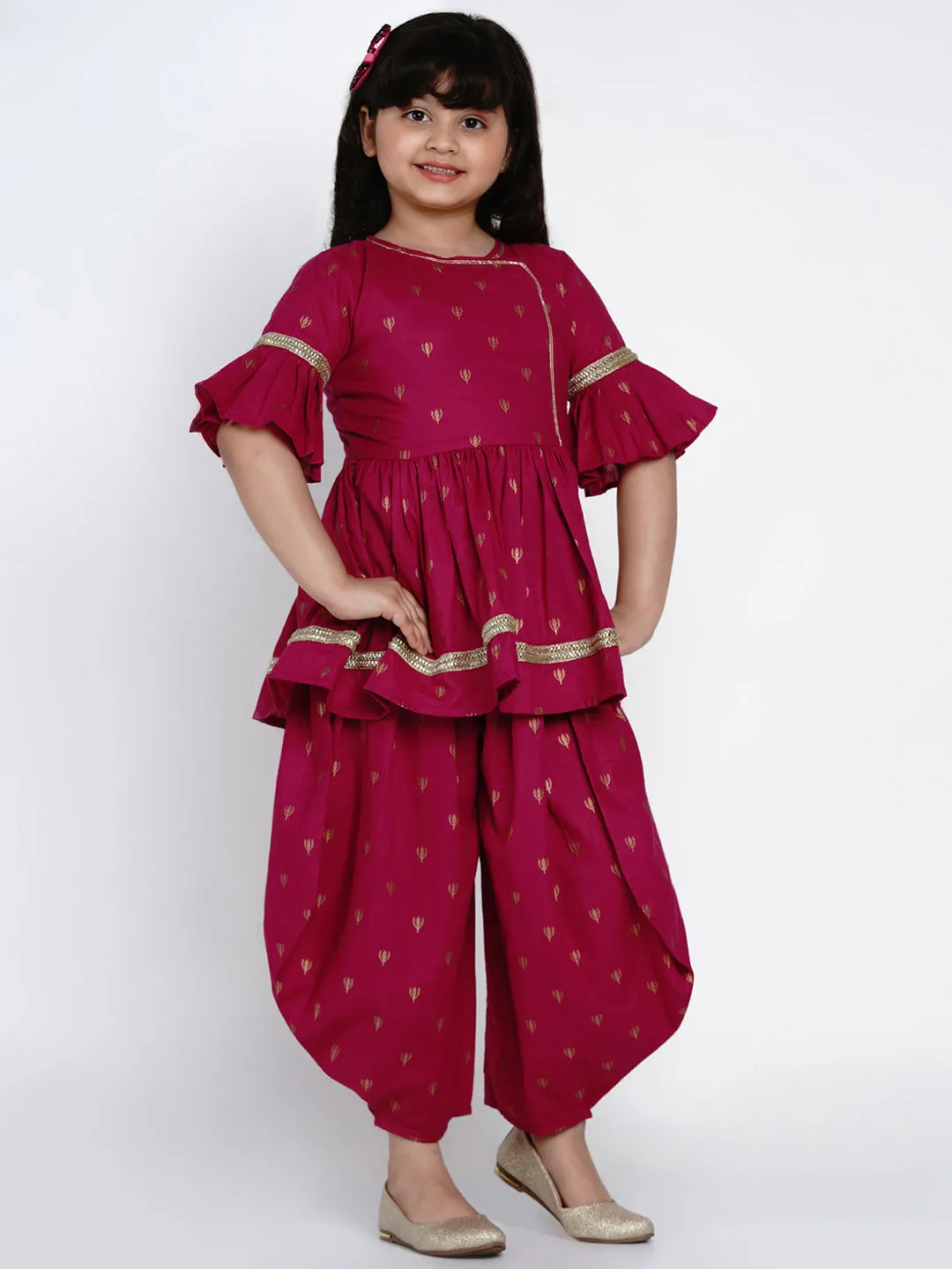 Girl's Pink  Printed  Angrakha Style Kurti With Dhoti Pants - Bitiya By Bhama