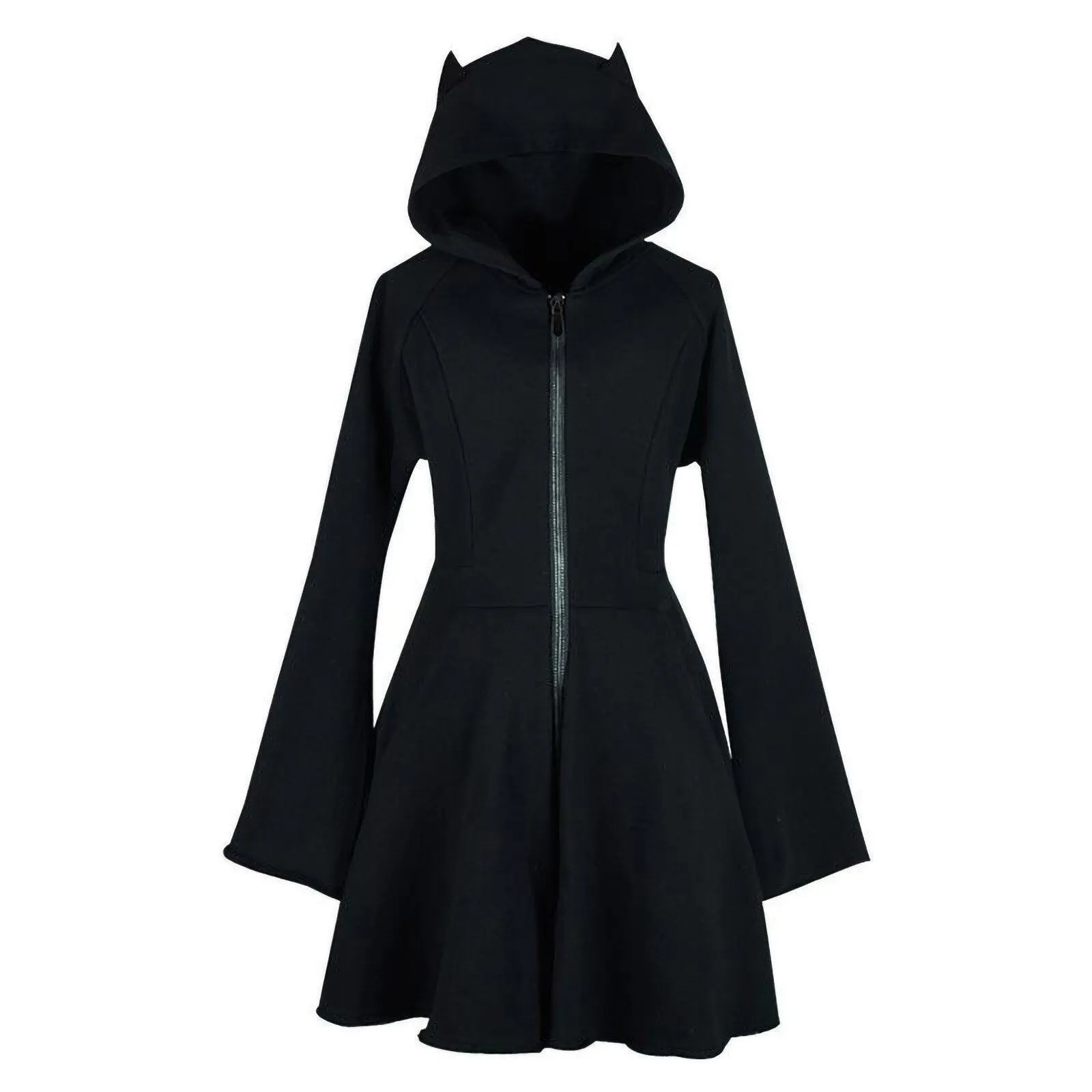 Gothic Mini Cat Ear Hoodie Mini Dress Pullover 3/4 Zipped Long Sleeve Hooded Cute Black Kitten Kawaii Grunge Fairy Mall Goth