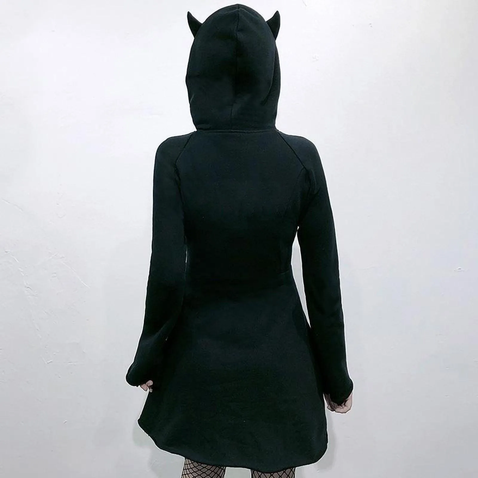 Gothic Mini Cat Ear Hoodie Mini Dress Pullover 3/4 Zipped Long Sleeve Hooded Cute Black Kitten Kawaii Grunge Fairy Mall Goth