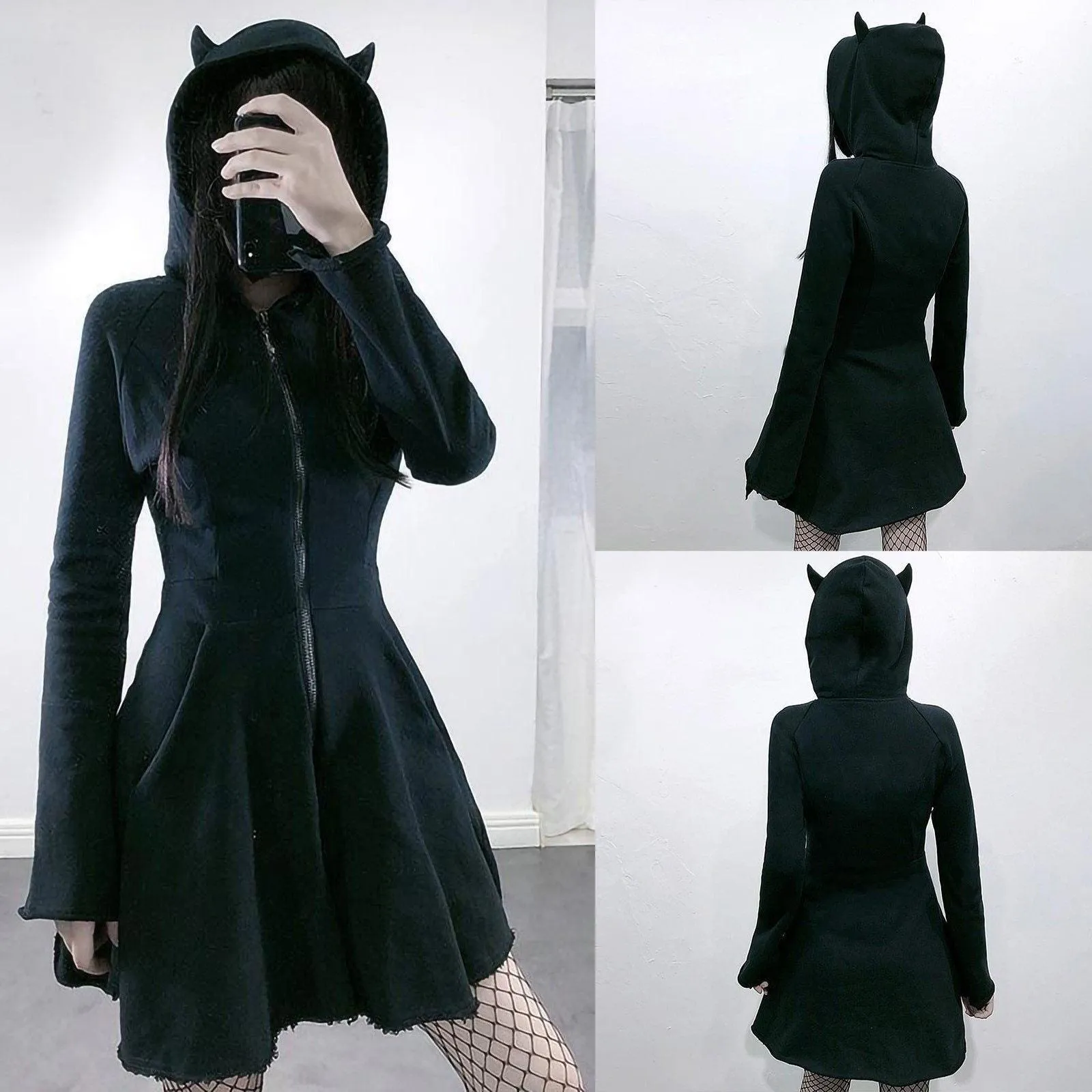 Gothic Mini Cat Ear Hoodie Mini Dress Pullover 3/4 Zipped Long Sleeve Hooded Cute Black Kitten Kawaii Grunge Fairy Mall Goth