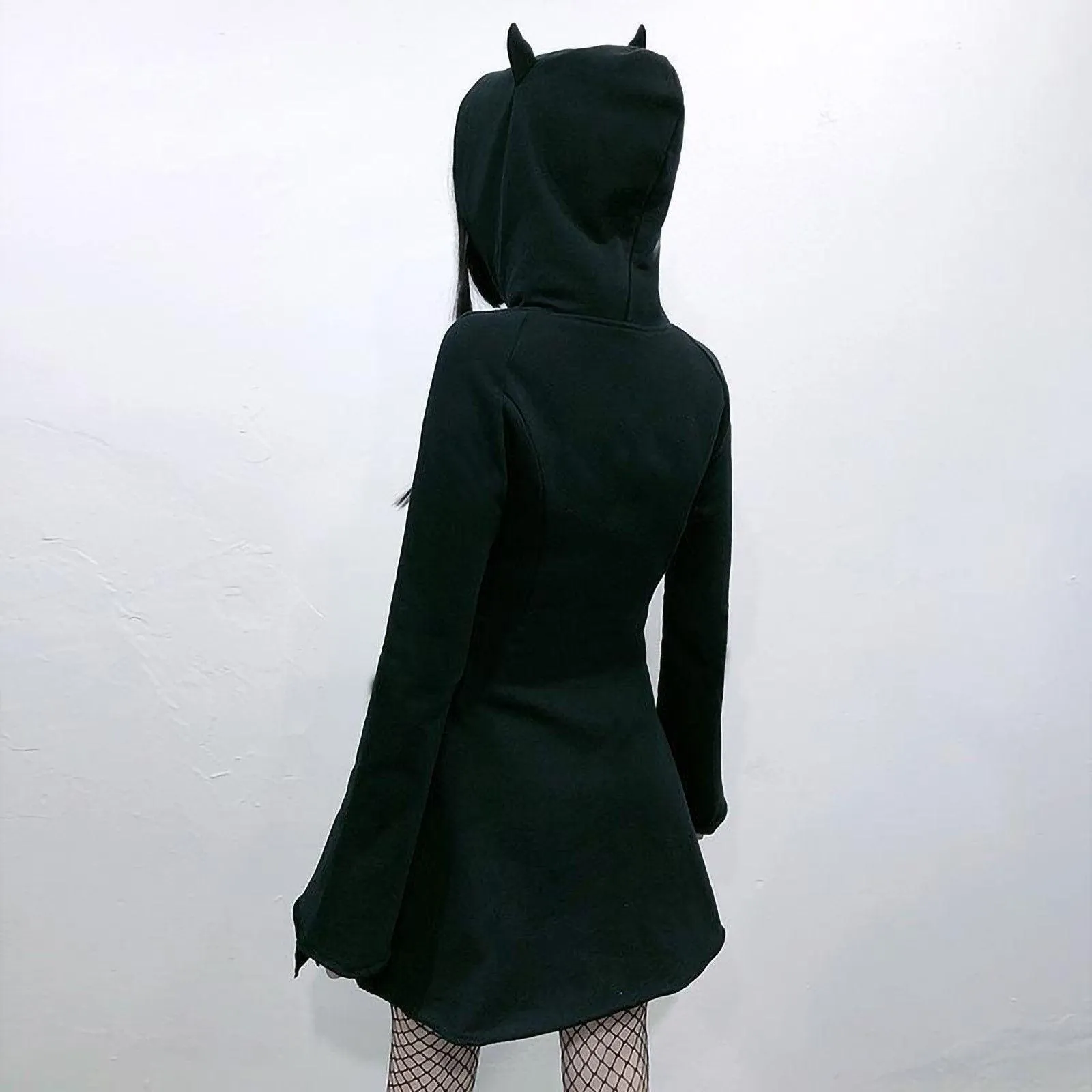 Gothic Mini Cat Ear Hoodie Mini Dress Pullover 3/4 Zipped Long Sleeve Hooded Cute Black Kitten Kawaii Grunge Fairy Mall Goth