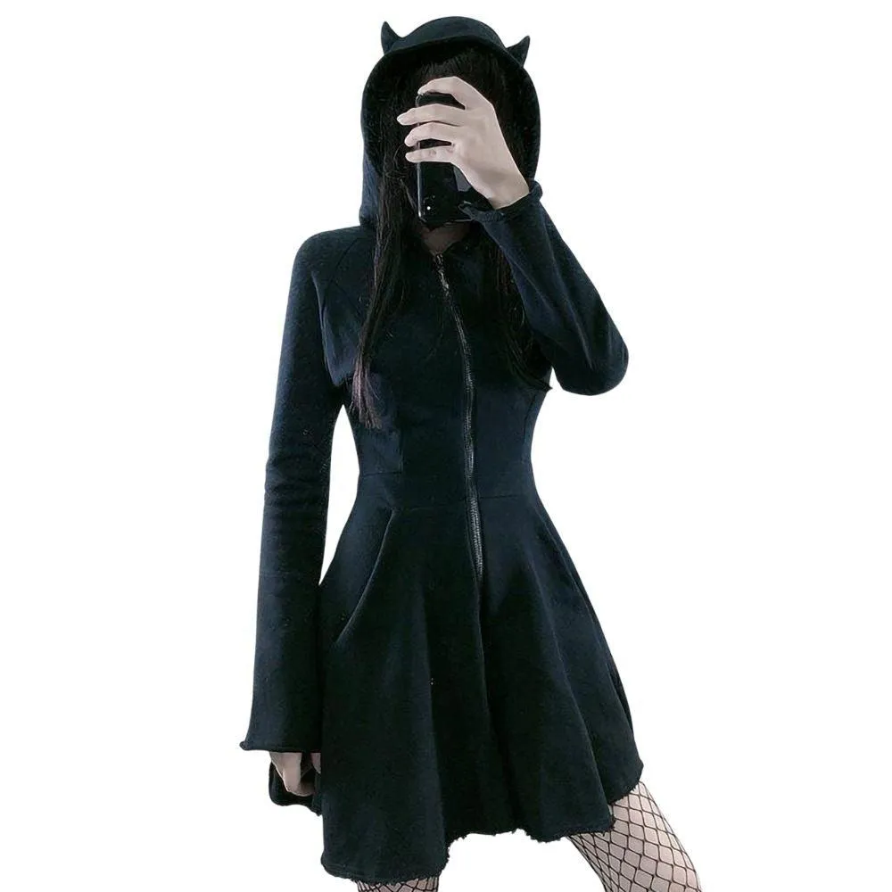 Gothic Mini Cat Ear Hoodie Mini Dress Pullover 3/4 Zipped Long Sleeve Hooded Cute Black Kitten Kawaii Grunge Fairy Mall Goth