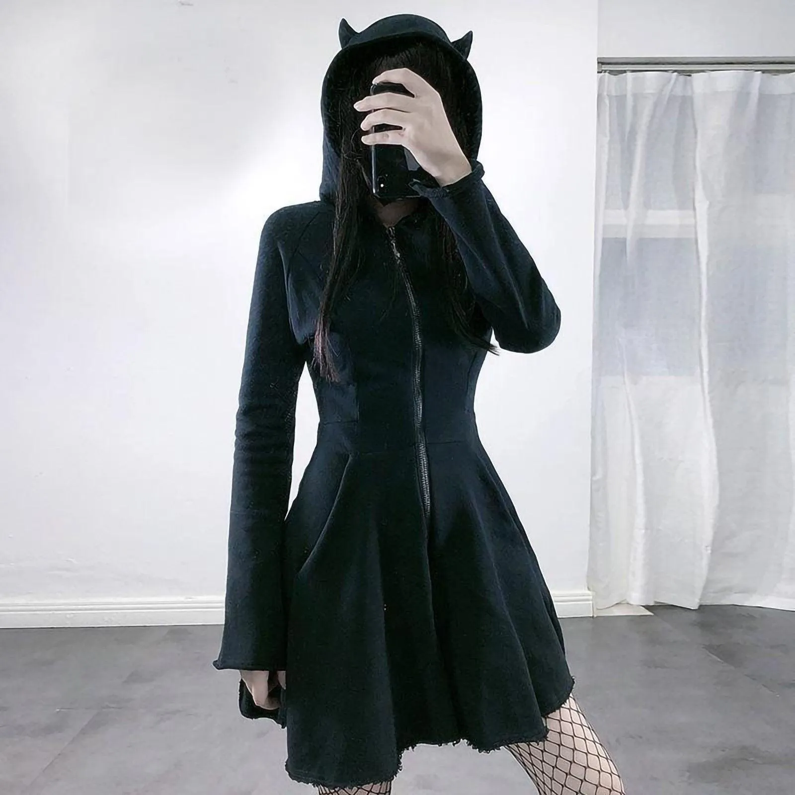 Gothic Mini Cat Ear Hoodie Mini Dress Pullover 3/4 Zipped Long Sleeve Hooded Cute Black Kitten Kawaii Grunge Fairy Mall Goth