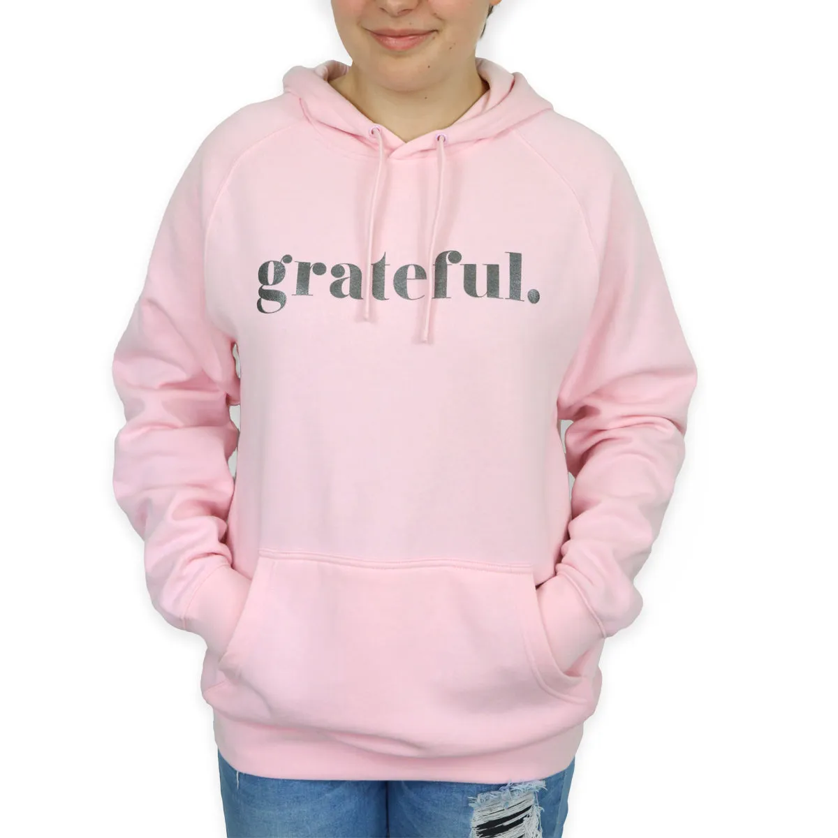 Grateful HOODIE - Pink with Charcoal Shimmer Print