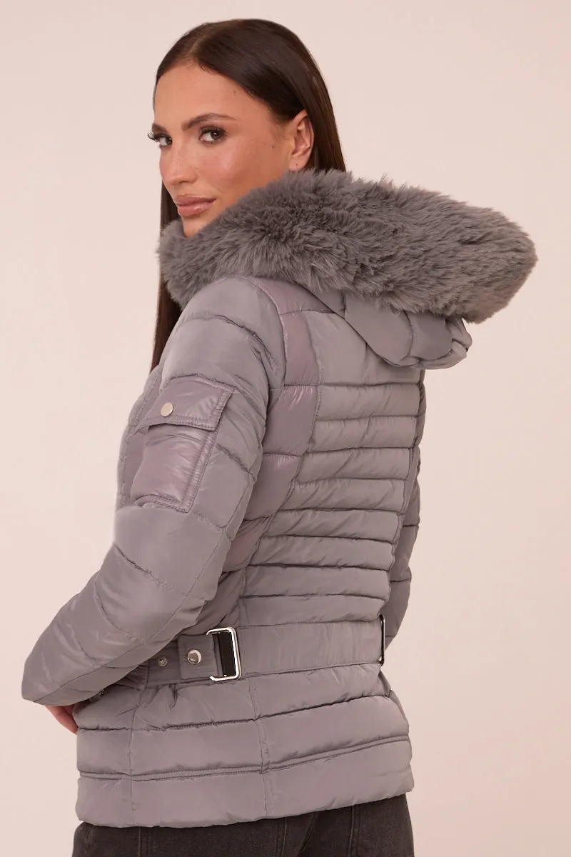 Grey Faux Fur Hooded Puffer Jacket - Glory