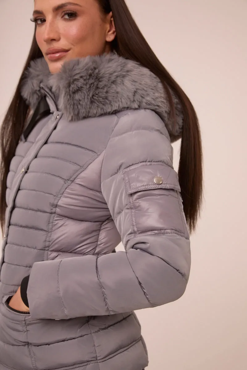 Grey Faux Fur Hooded Puffer Jacket - Glory