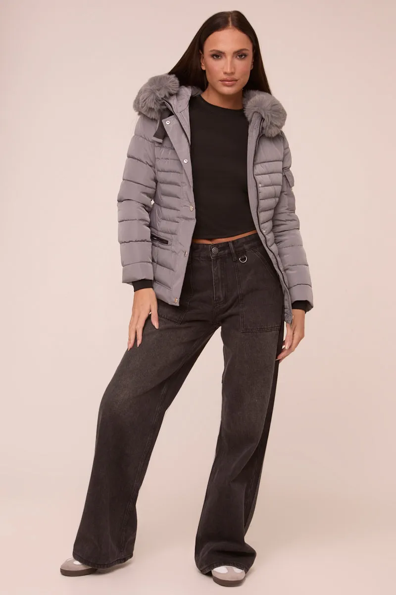 Grey Faux Fur Hooded Puffer Jacket - Glory