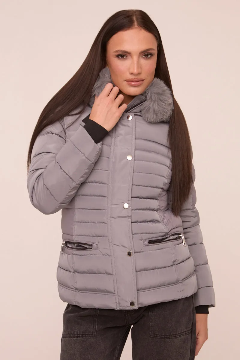 Grey Faux Fur Hooded Puffer Jacket - Glory