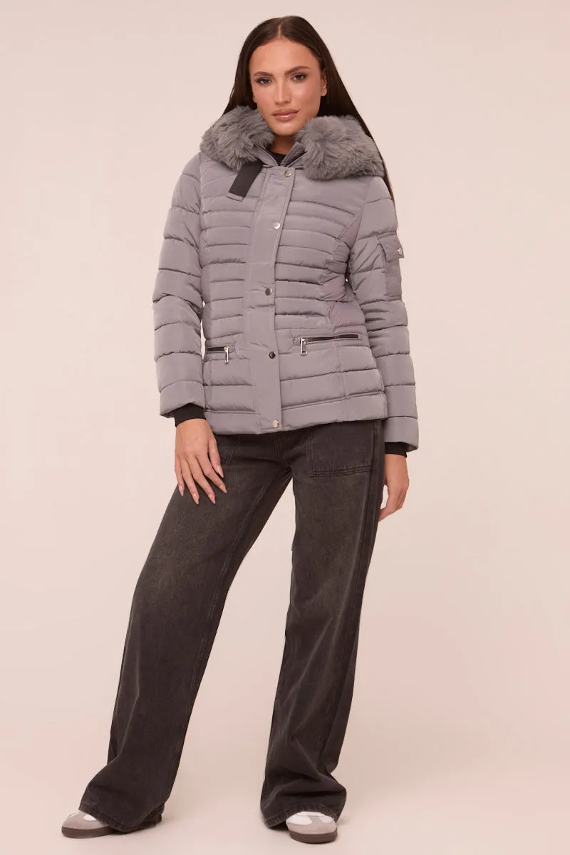 Grey Faux Fur Hooded Puffer Jacket - Glory