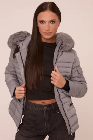 Grey Faux Fur Hooded Puffer Jacket - Glory