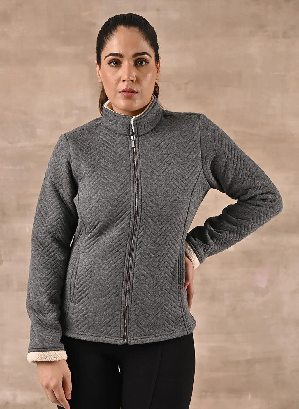 Grey Quilted Zipper Jacket with Slip Pockets