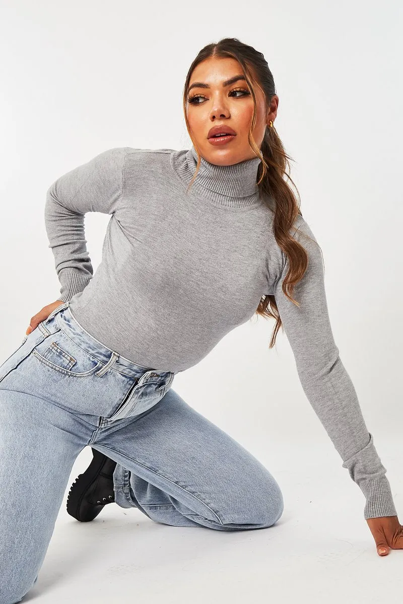 Grey Roll Neck Slim Fit Knitted Jumper - Georgie