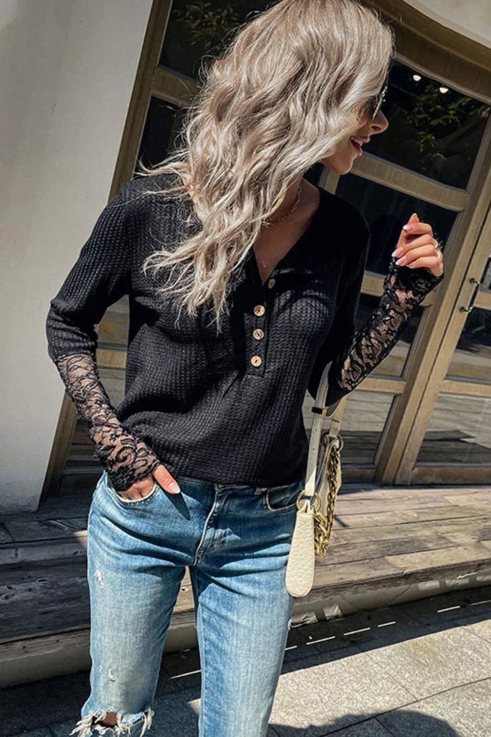 Half Button Spliced Lace Waffle-Knit Top