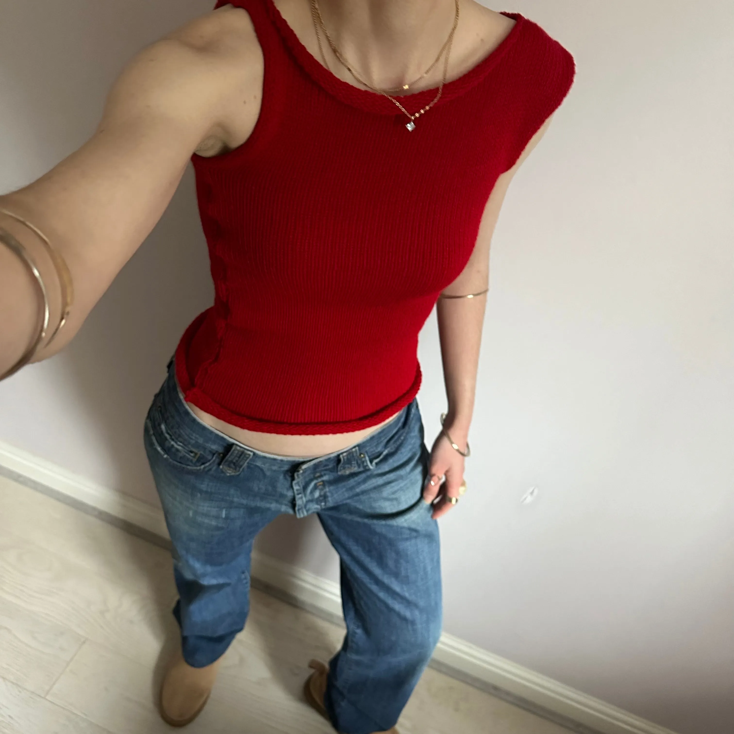 Handmade dark red off the shoulder knit vest