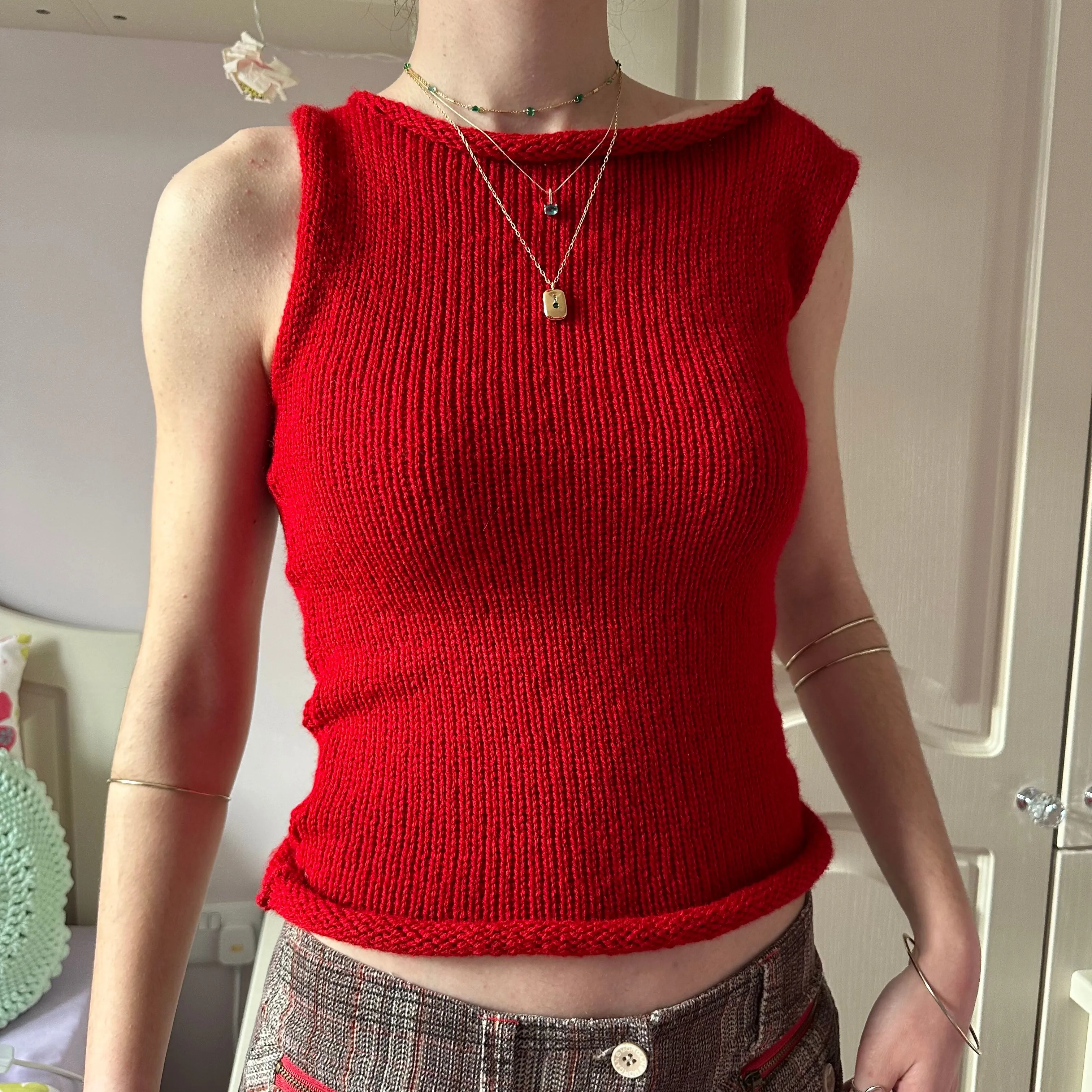 Handmade dark red off the shoulder knit vest