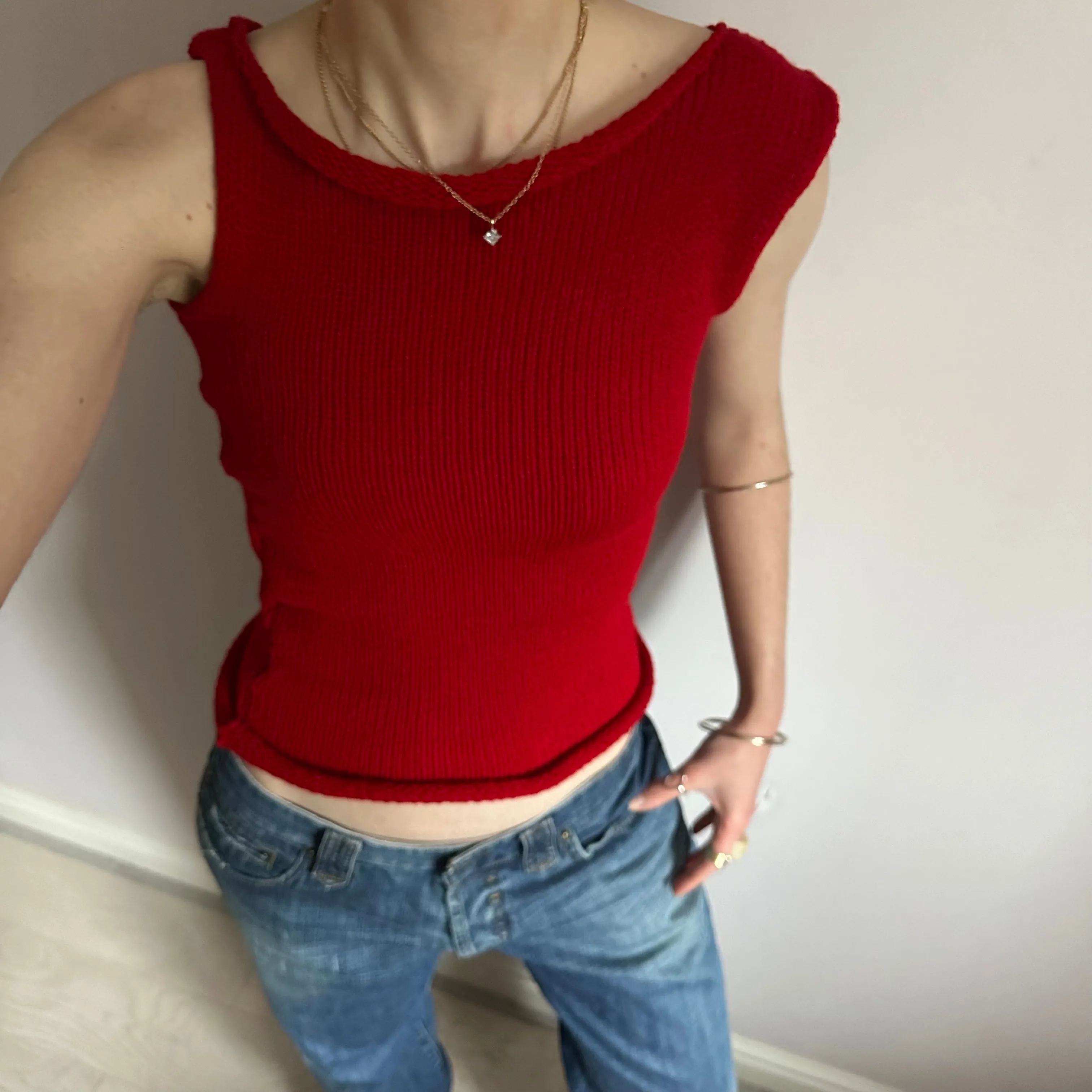 Handmade dark red off the shoulder knit vest