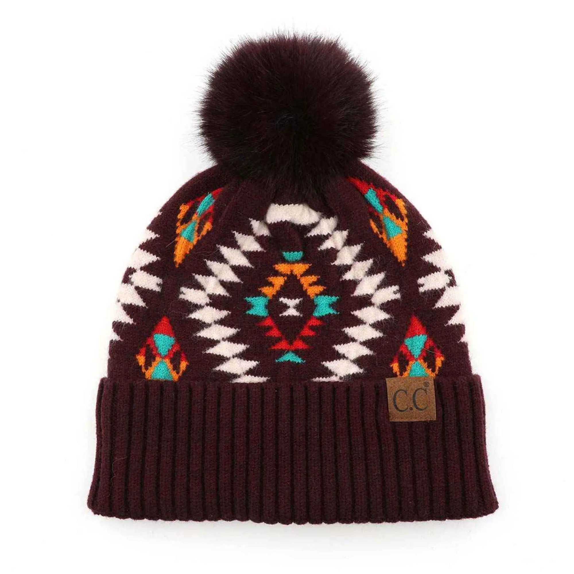 HAT3001 Elena Aztec Pattern Pom Beanie