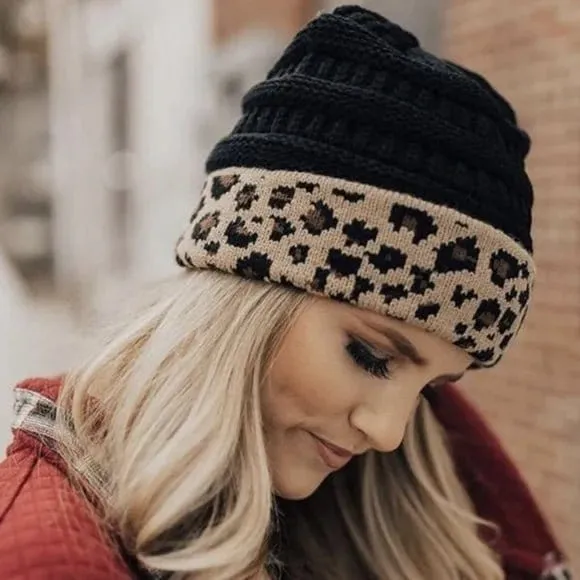 HAT80 Leopard Cuff Rib Beanie