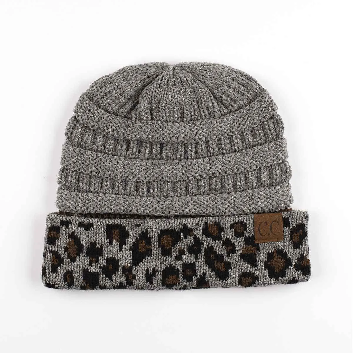 HAT80 Leopard Cuff Rib Beanie