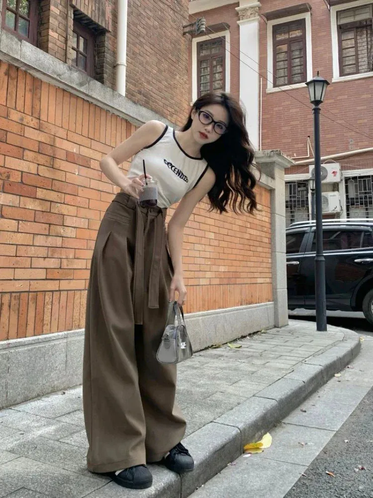 High Women Y2k Baggy Belt Pleated Wide Leg Sport Streetwear Pants