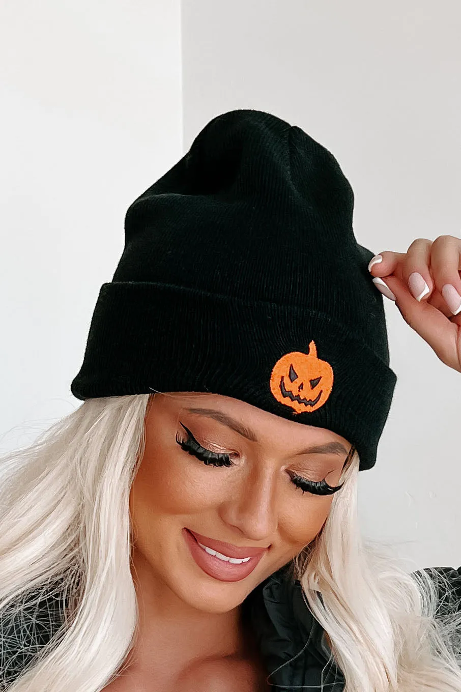 Jack-O-Lantern Smiles Embroidered Cuffed Beanie (Black)