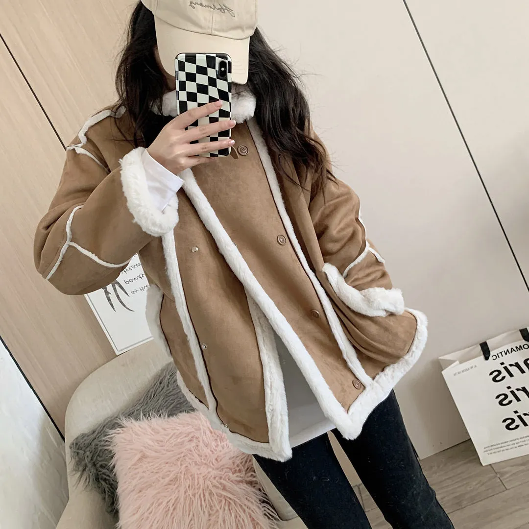 Joskaa winter fits men T9817 Lazy Style Lamb Fur Lapel Warm Thick Furry Autumn and Winter Thickened Quilted Long Sleeve Coat for Women