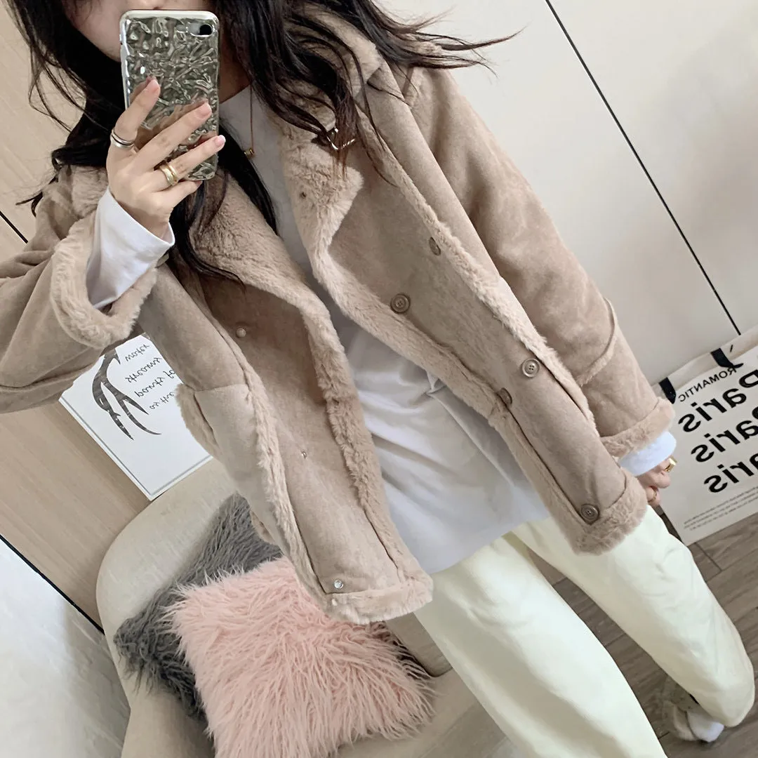 Joskaa winter fits men T9817 Lazy Style Lamb Fur Lapel Warm Thick Furry Autumn and Winter Thickened Quilted Long Sleeve Coat for Women