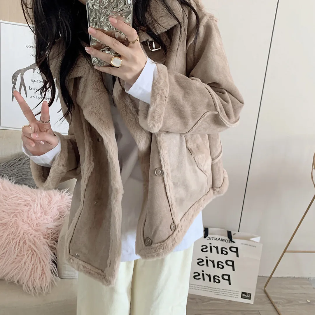 Joskaa winter fits men T9817 Lazy Style Lamb Fur Lapel Warm Thick Furry Autumn and Winter Thickened Quilted Long Sleeve Coat for Women