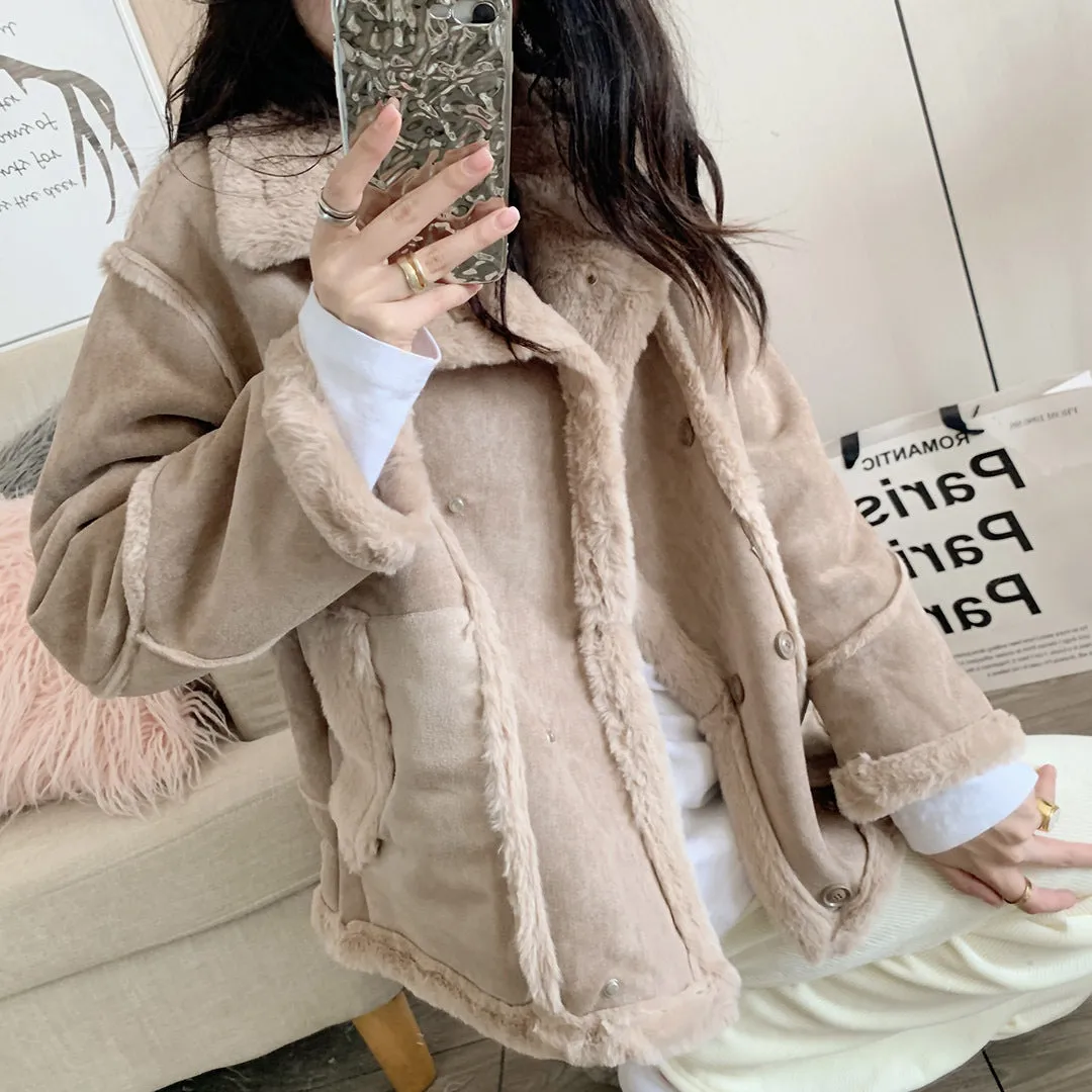 Joskaa winter fits men T9817 Lazy Style Lamb Fur Lapel Warm Thick Furry Autumn and Winter Thickened Quilted Long Sleeve Coat for Women