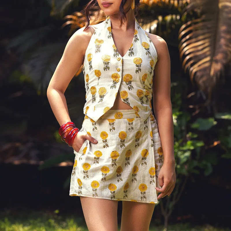 Kala Cotton Florence Vest For Women | Sunflower Printed | Yellow