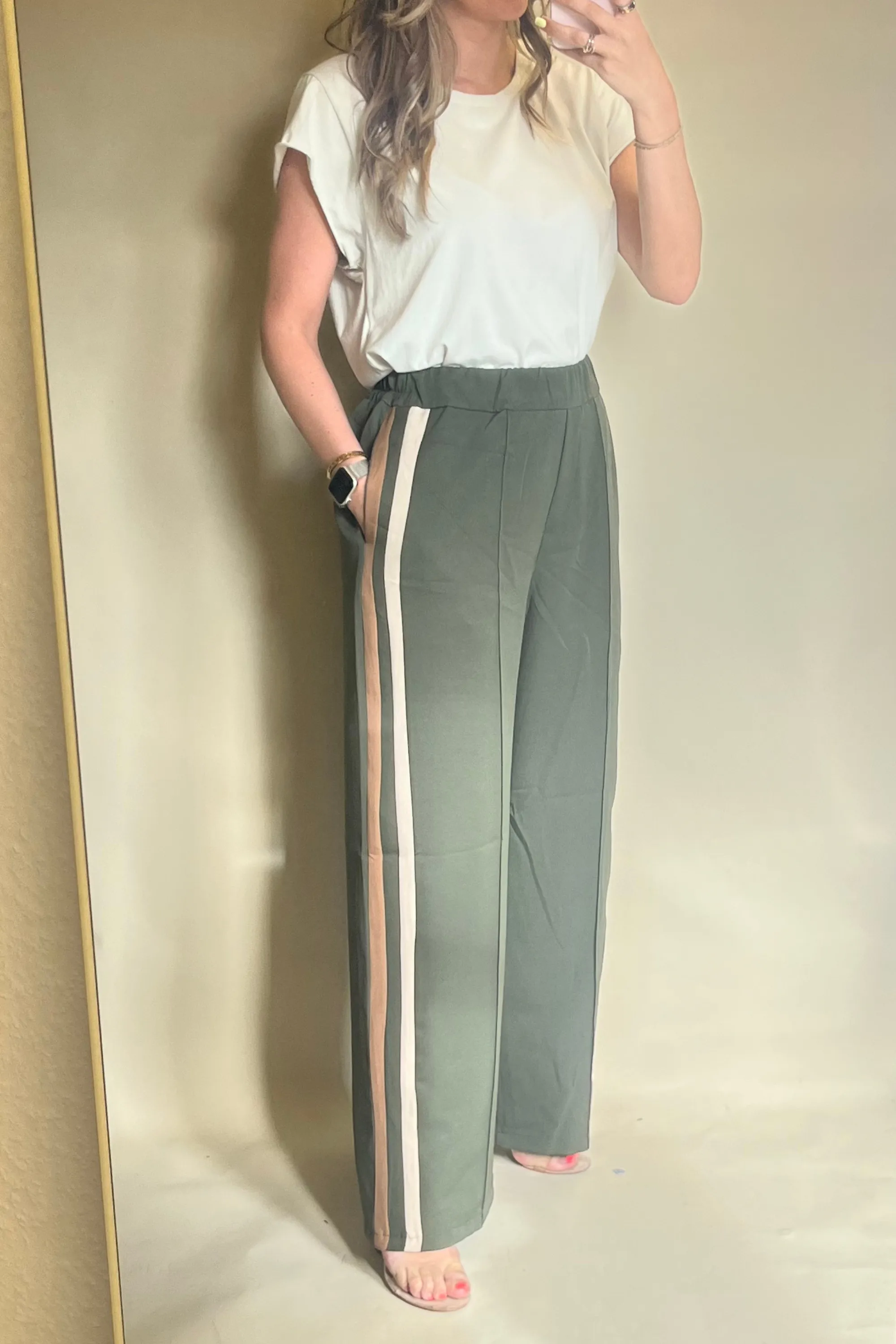 Khaki Tailored Striped Down Side Pants