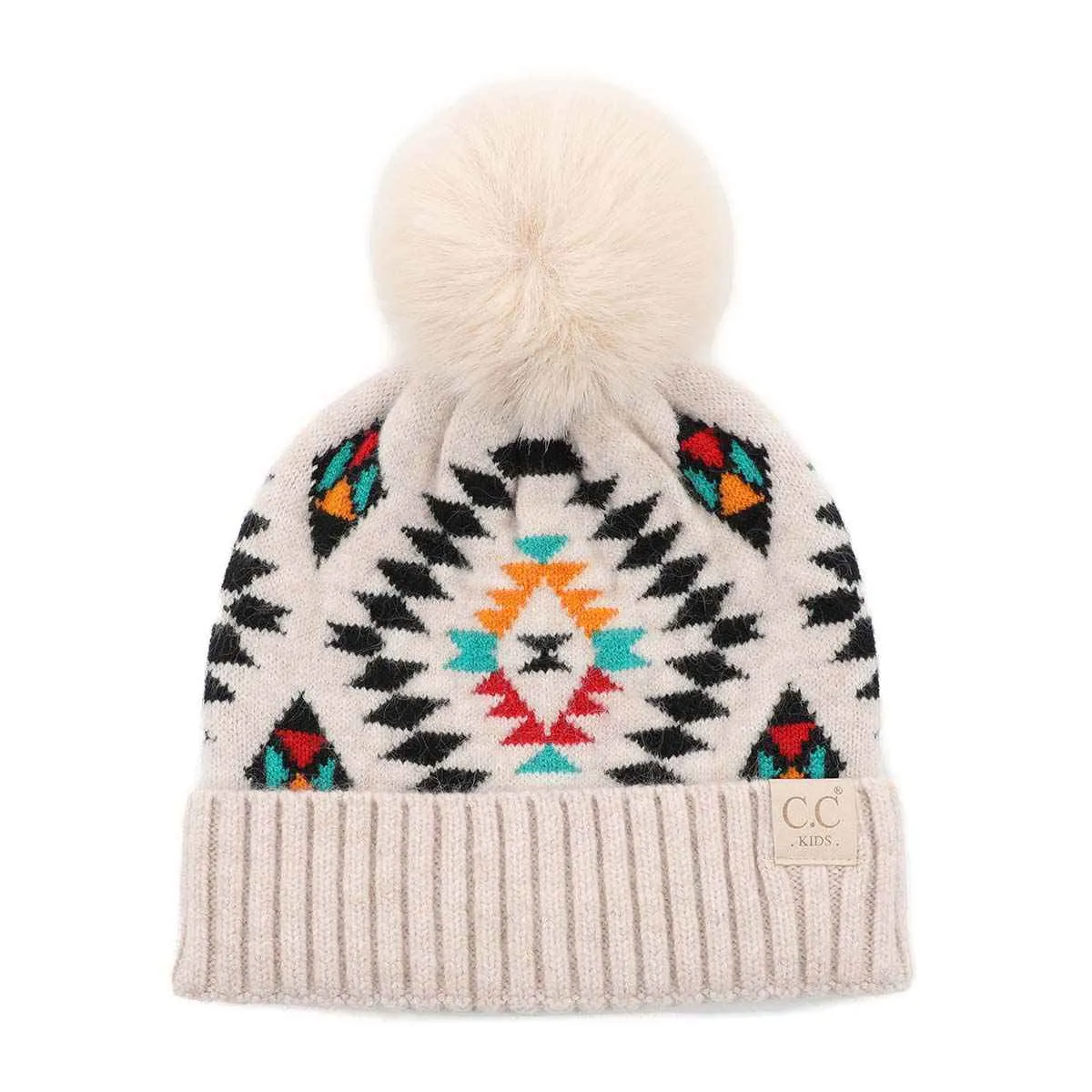 KIDS3001 Kids Aztec Pattern Pom Pom Beanie