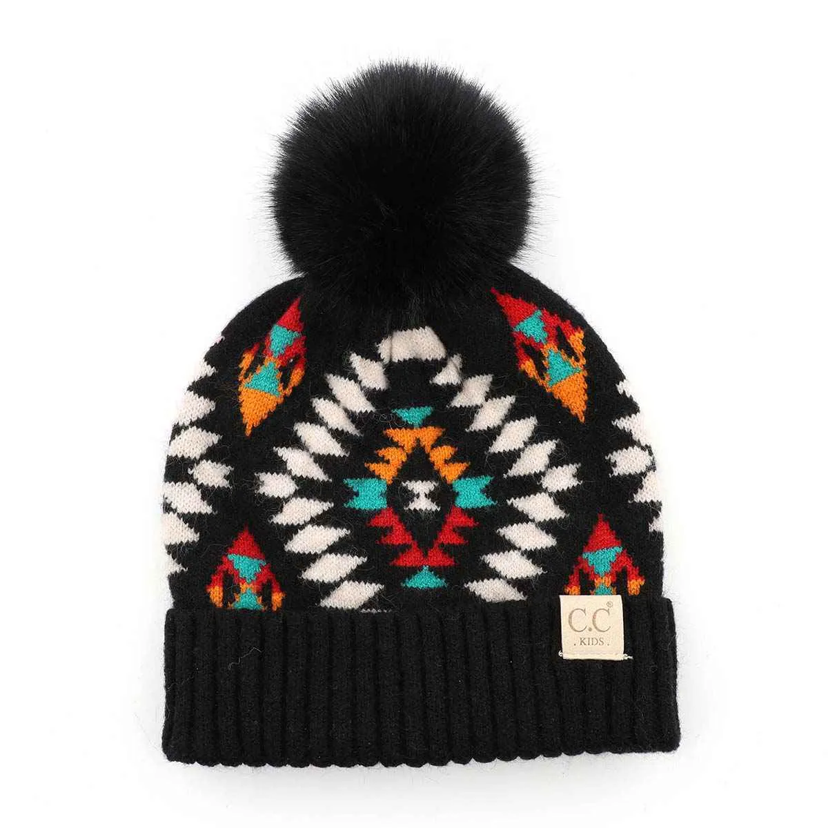 KIDS3001 Kids Aztec Pattern Pom Pom Beanie