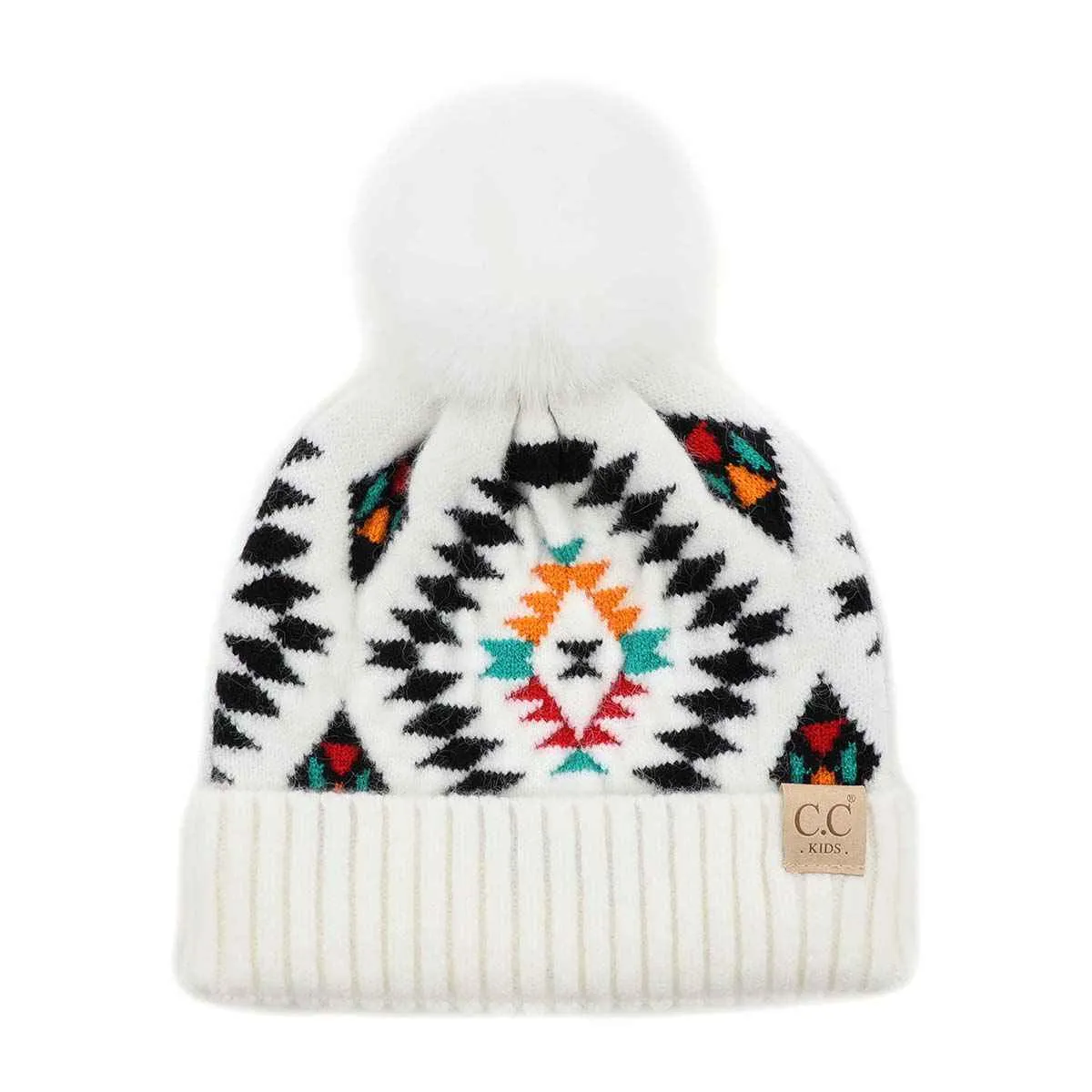 KIDS3001 Kids Aztec Pattern Pom Pom Beanie