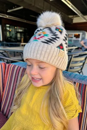 KIDS3001 Kids Aztec Pattern Pom Pom Beanie