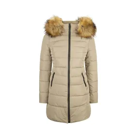 Ladies 3/4 Parka Jacket Fur Hood Zipped Padded Puffer Black Beige Winter