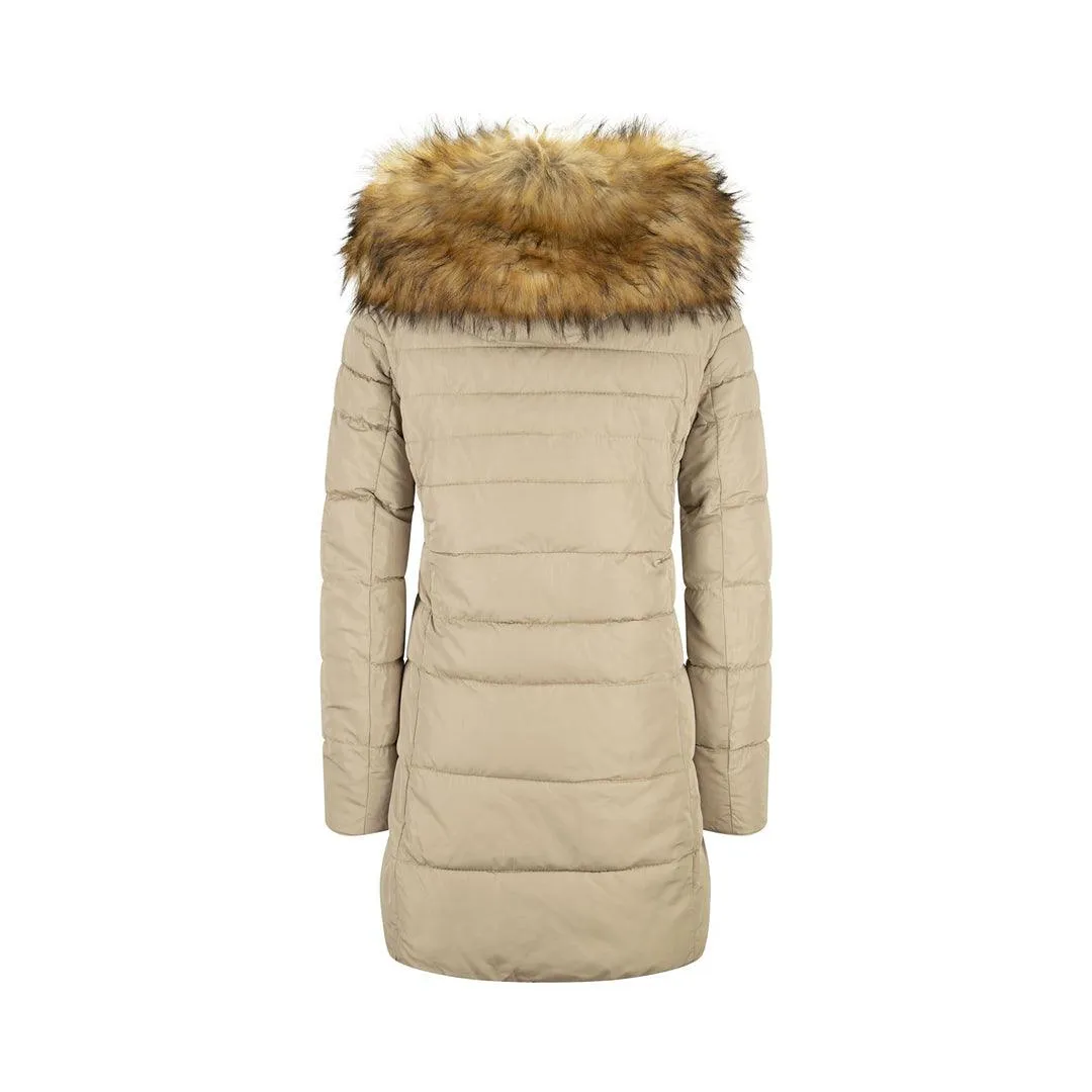 Ladies 3/4 Parka Jacket Fur Hood Zipped Padded Puffer Black Beige Winter