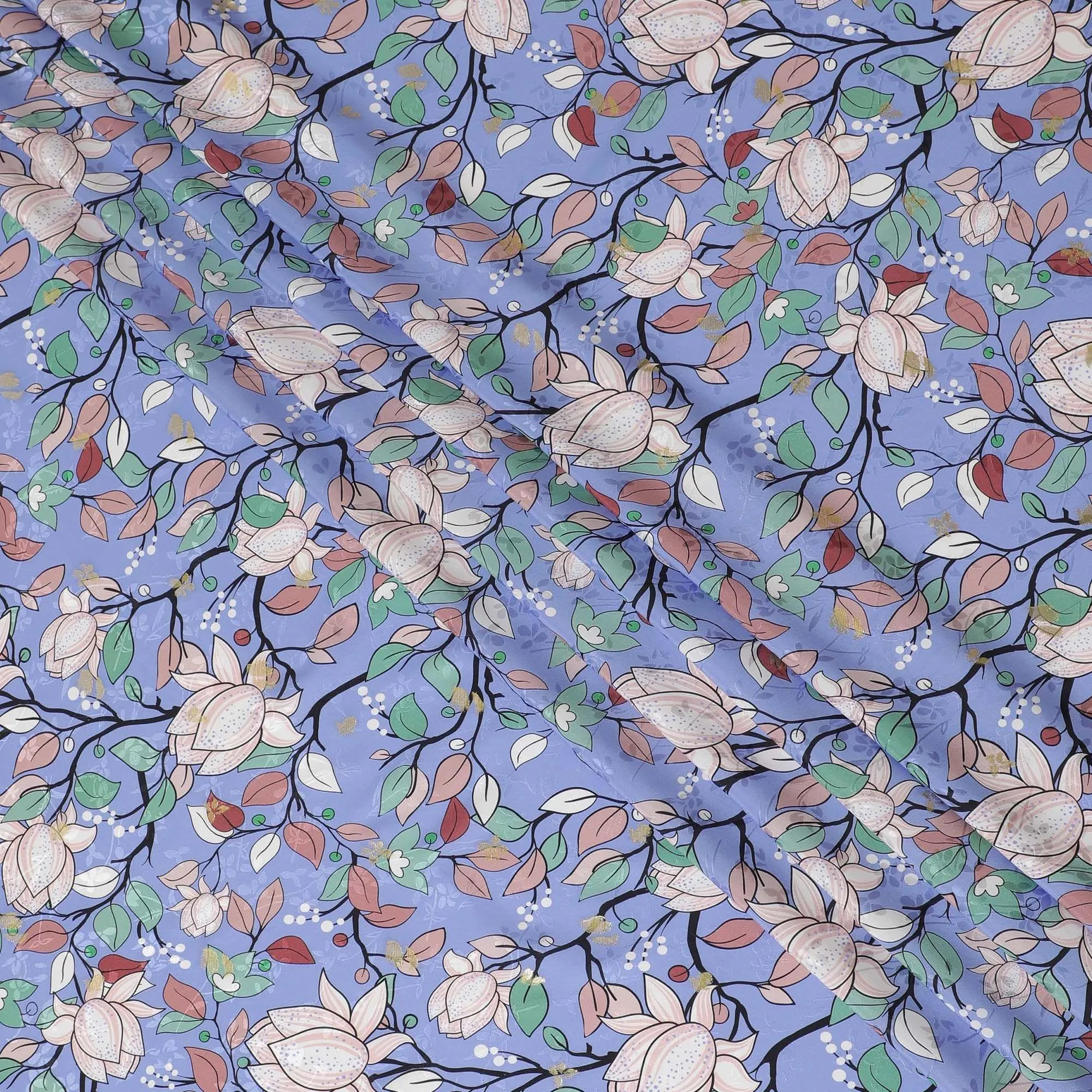 Lavender blue Premium pure Italian silk satin fabric with same tone jacquard having  multicolor print and gold metallic lurex in floral design-14305