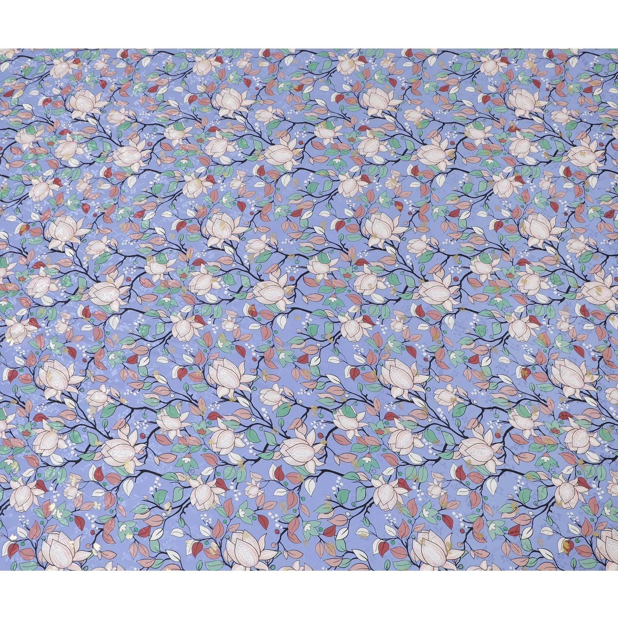 Lavender blue Premium pure Italian silk satin fabric with same tone jacquard having  multicolor print and gold metallic lurex in floral design-14305