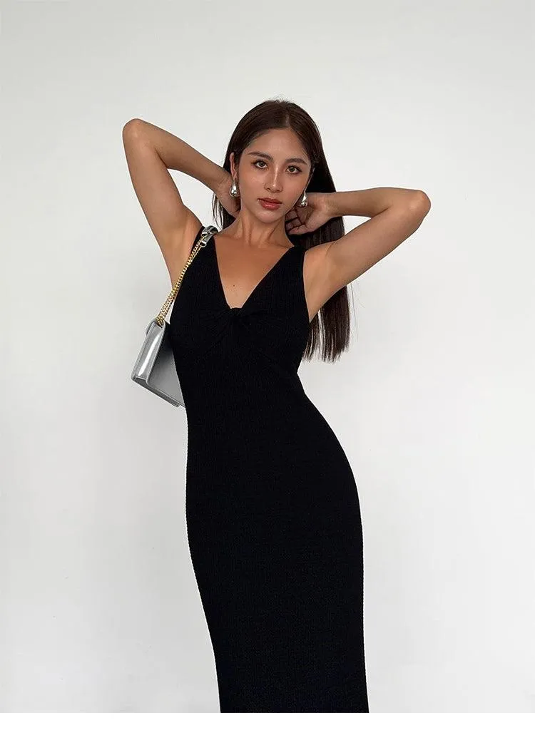 Long V-neck Knitted Vest Dress