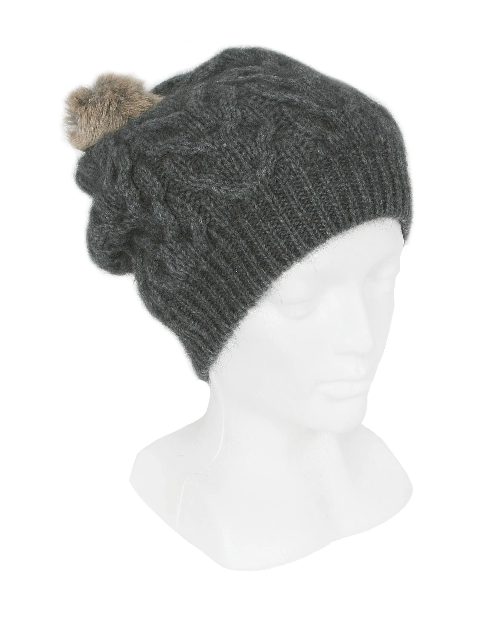 Lothlorian - Cable Beanie with Fur Pompom in Merino Wool and Possum Fur