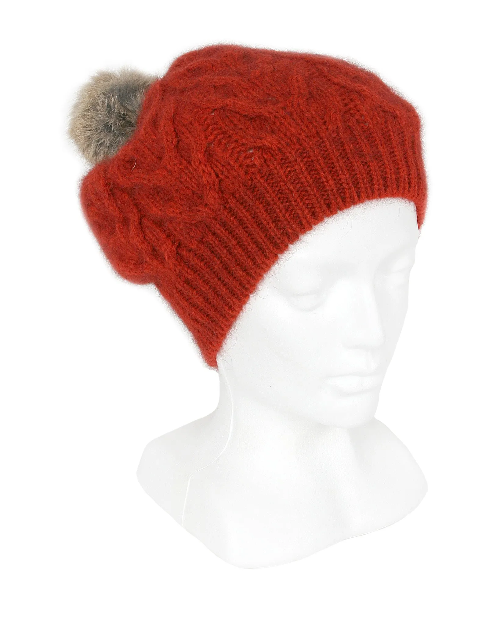 Lothlorian - Cable Beanie with Fur Pompom in Merino Wool and Possum Fur