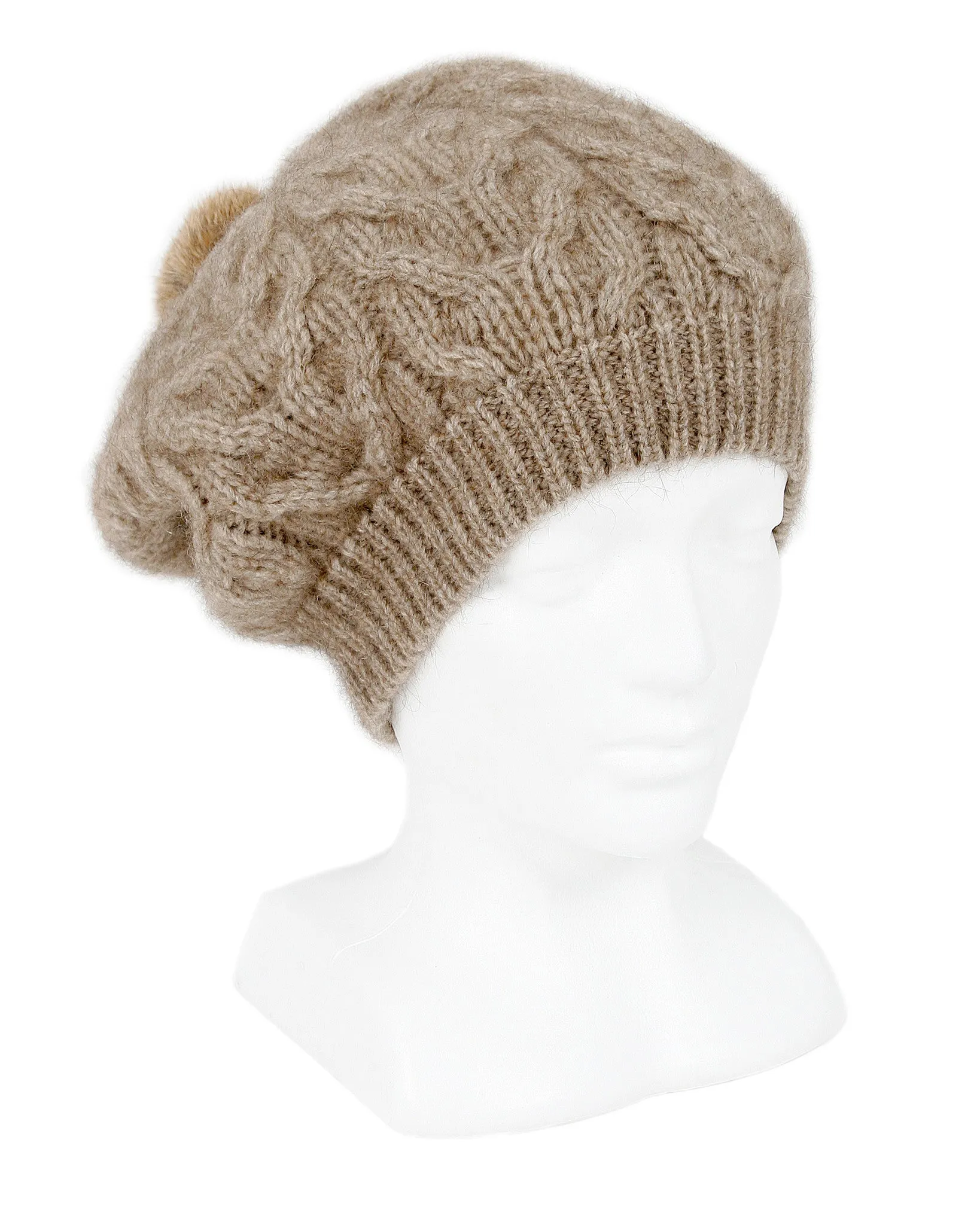 Lothlorian - Cable Beanie with Fur Pompom in Merino Wool and Possum Fur