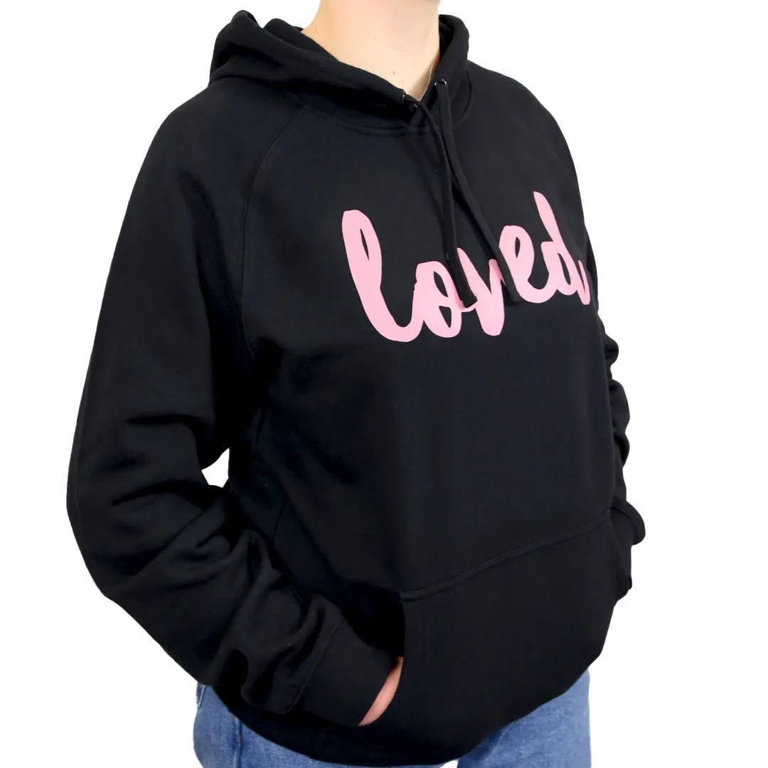 Loved HOODIE - Black with Dusty Blush Pink Print