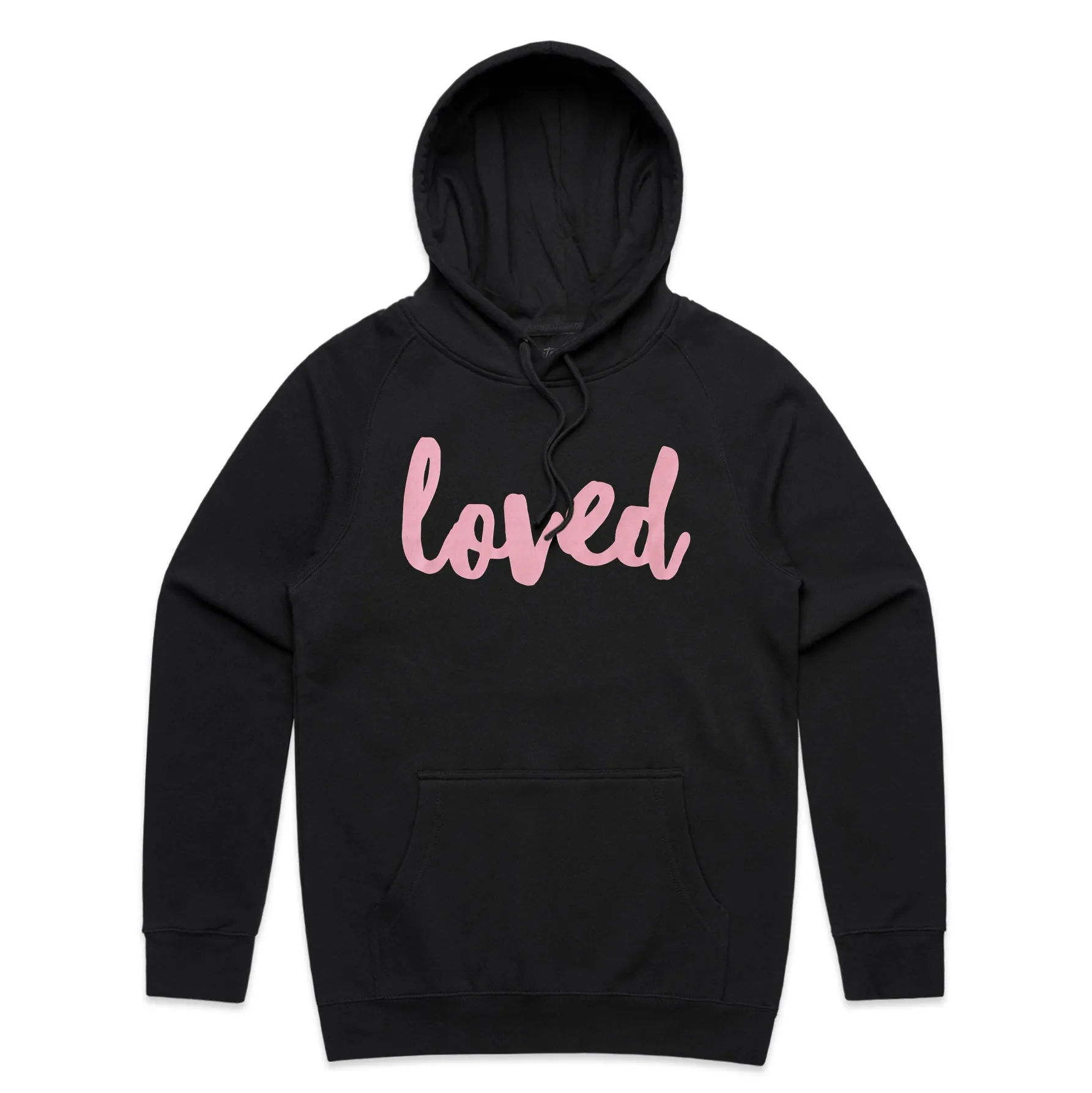 Loved HOODIE - Black with Dusty Blush Pink Print