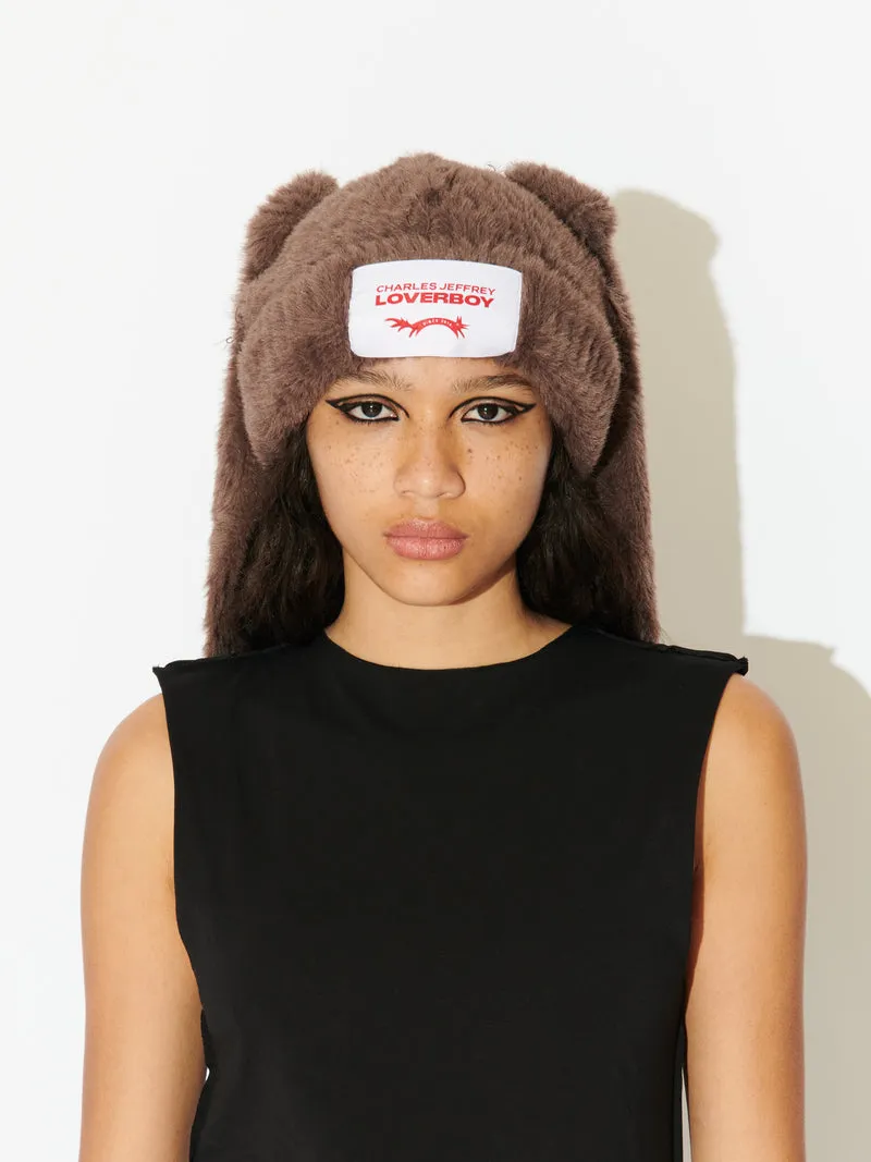 LOVERBOY BY CHARLES JEFFREY FLUFFY CHUNKY RABBIT BEANIE BROWN