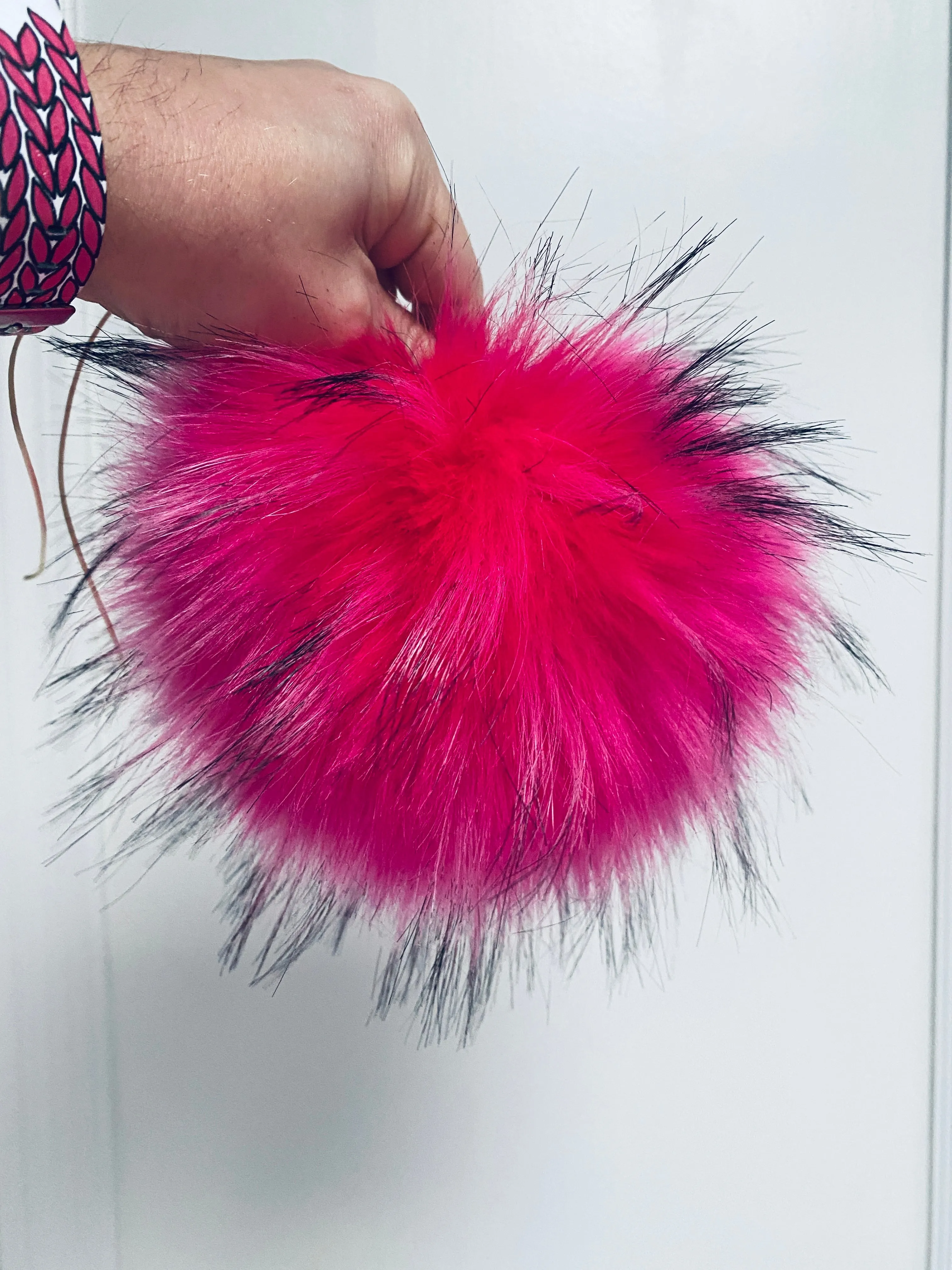 MADE TO ORDER Fun and funky hot pink with black tips faux fur pom pom with wooden button