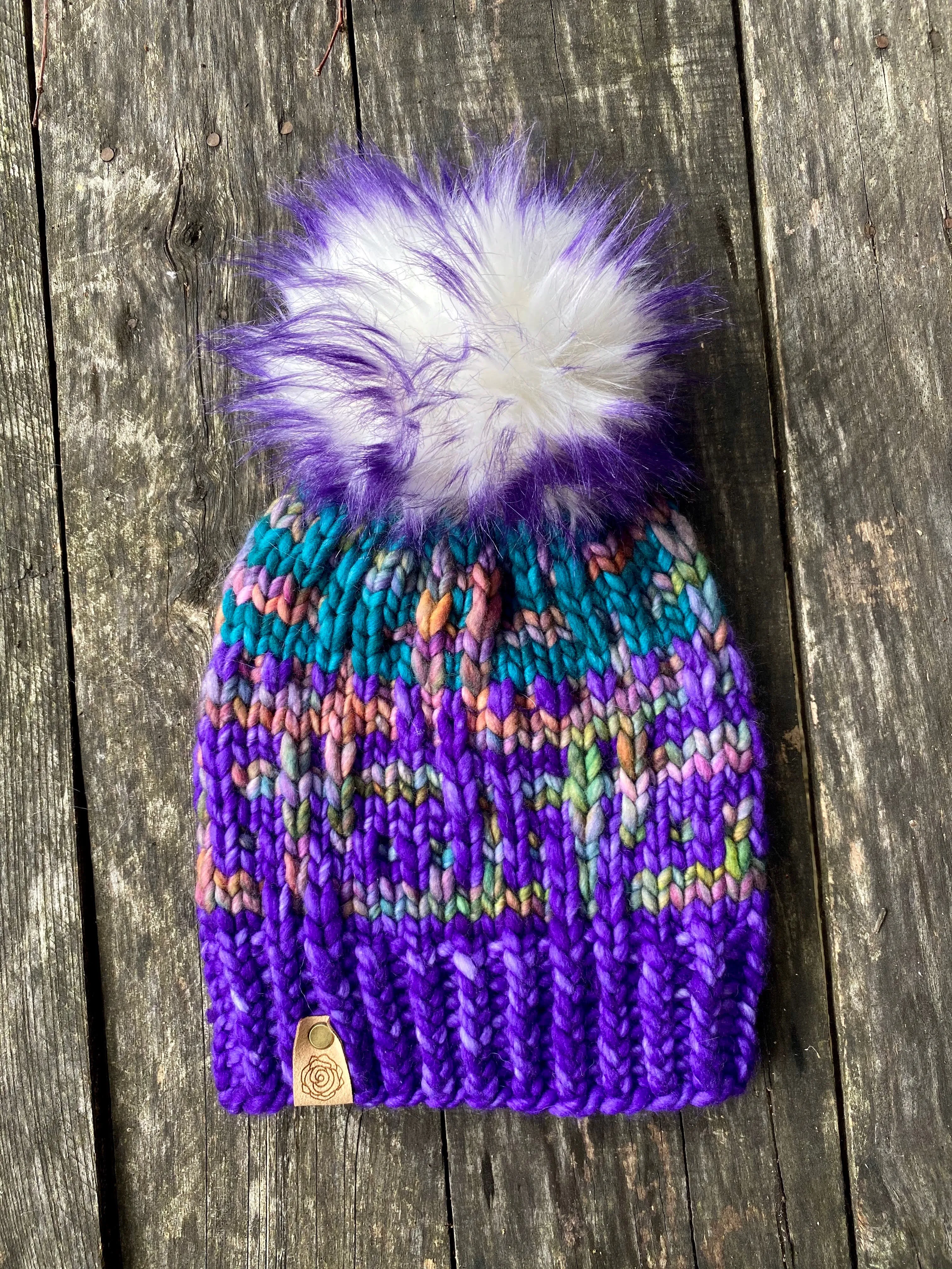 MADE TO ORDER Fun and funky white with purple tip faux fur pom pom with wooden button