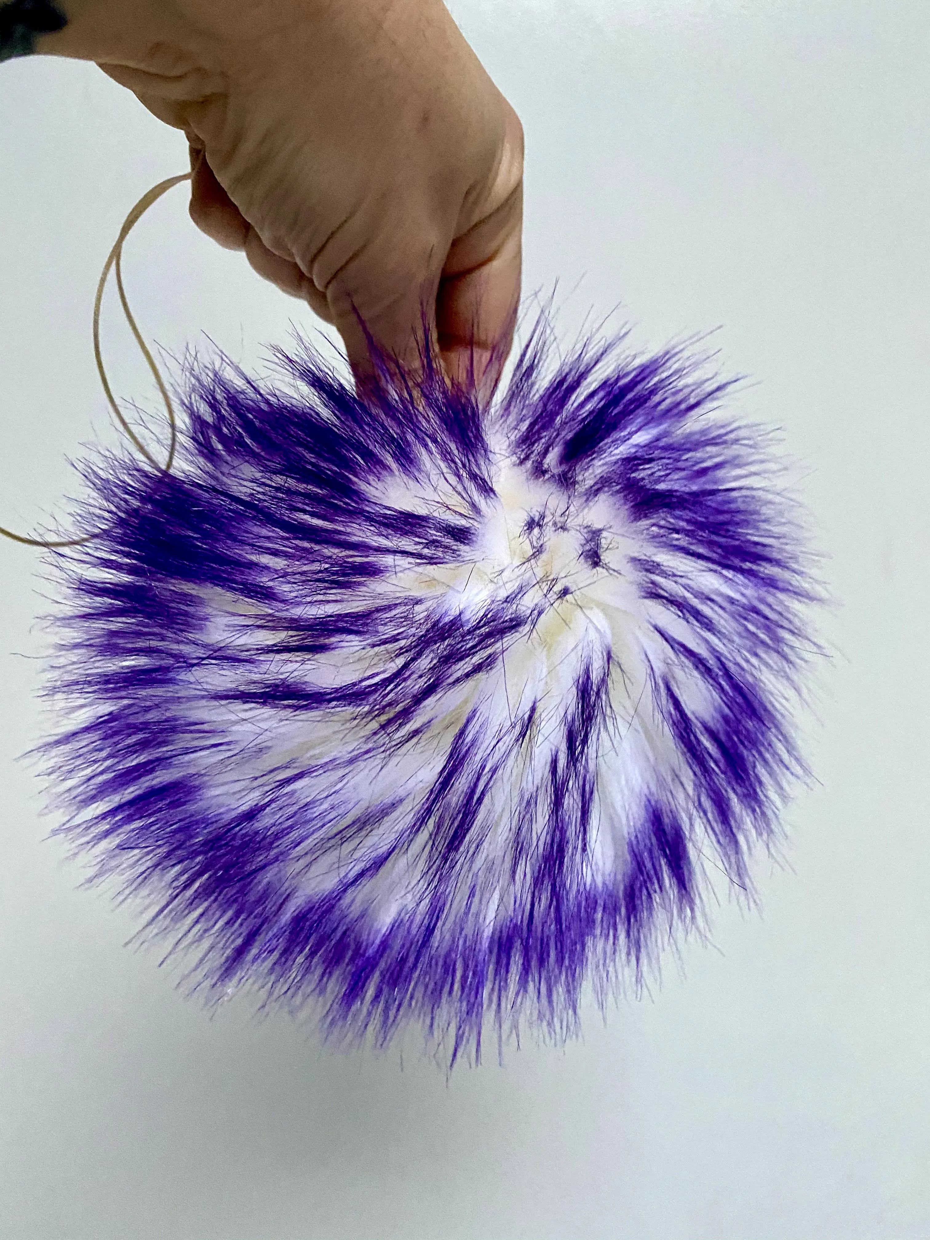 MADE TO ORDER Fun and funky white with purple tip faux fur pom pom with wooden button