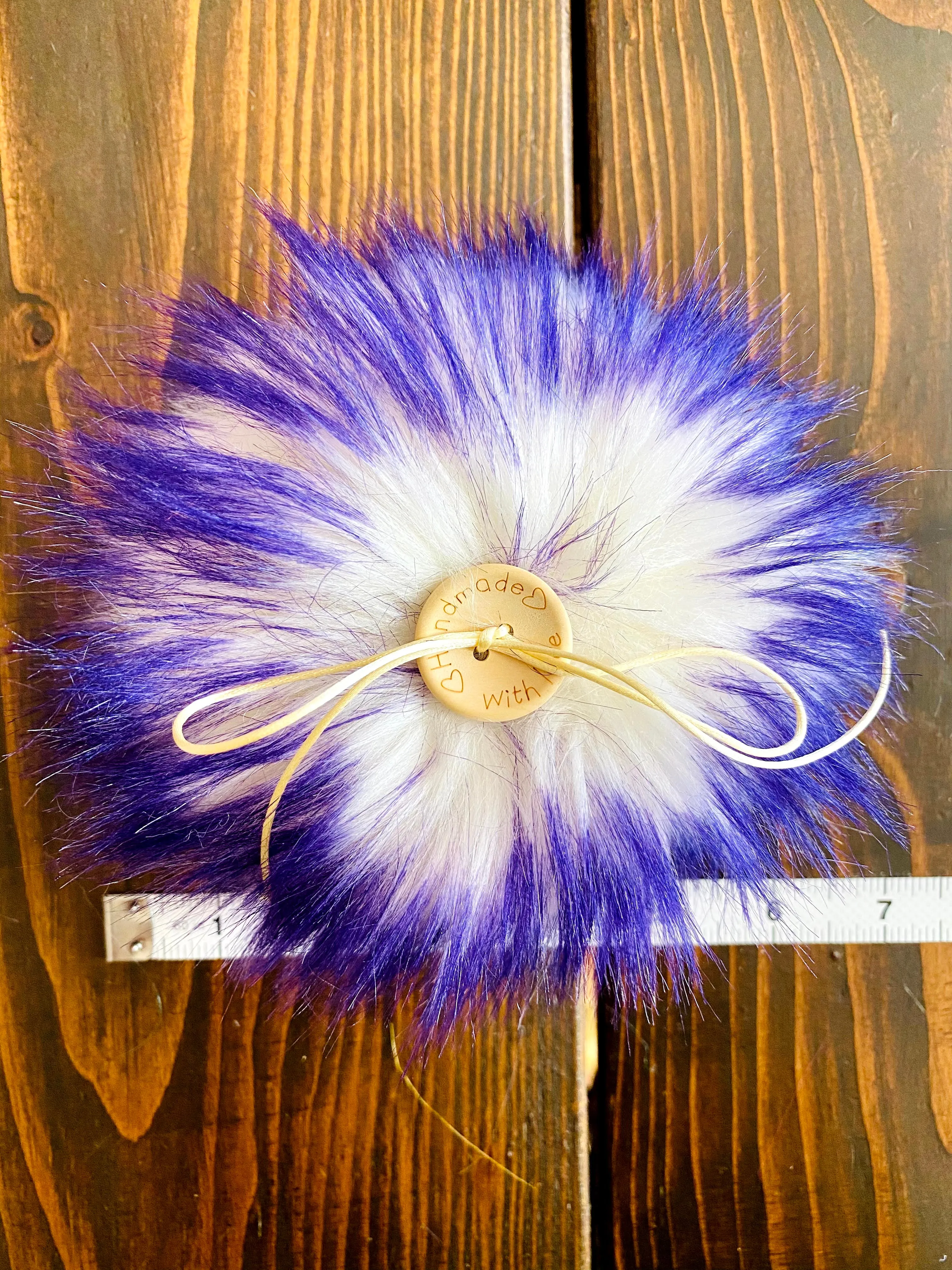 MADE TO ORDER Fun and funky white with purple tip faux fur pom pom with wooden button